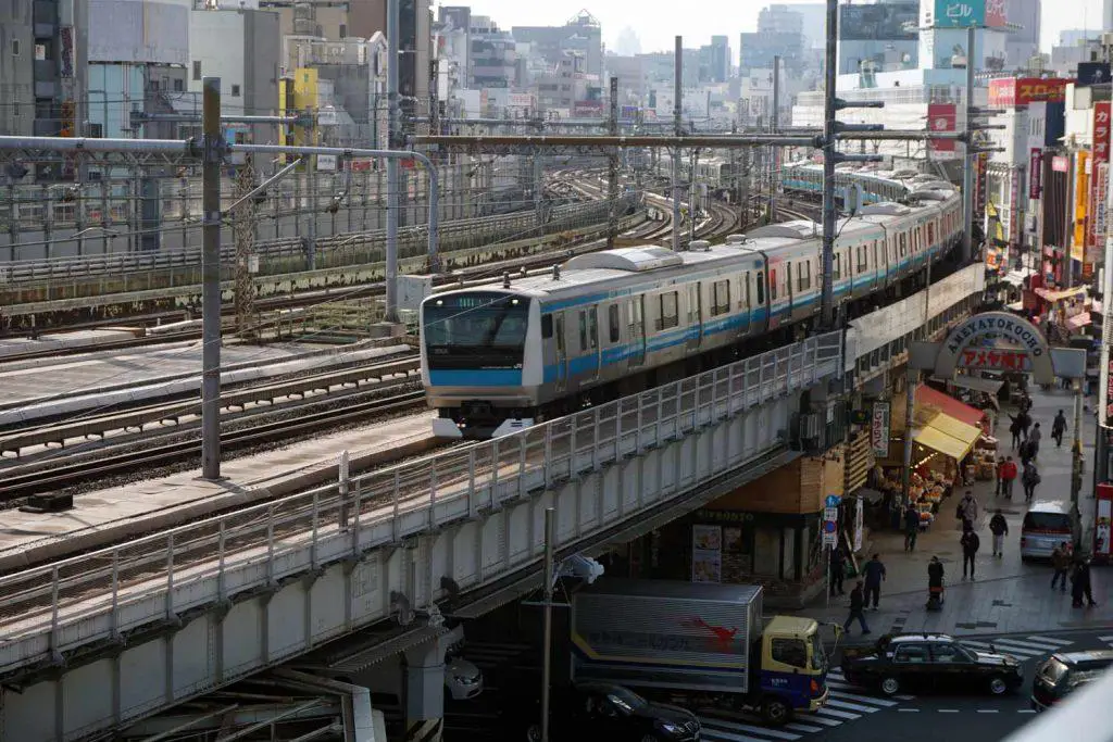 Tågspåren som leder till Ueno station, till höger ligger Ame Yokocho.